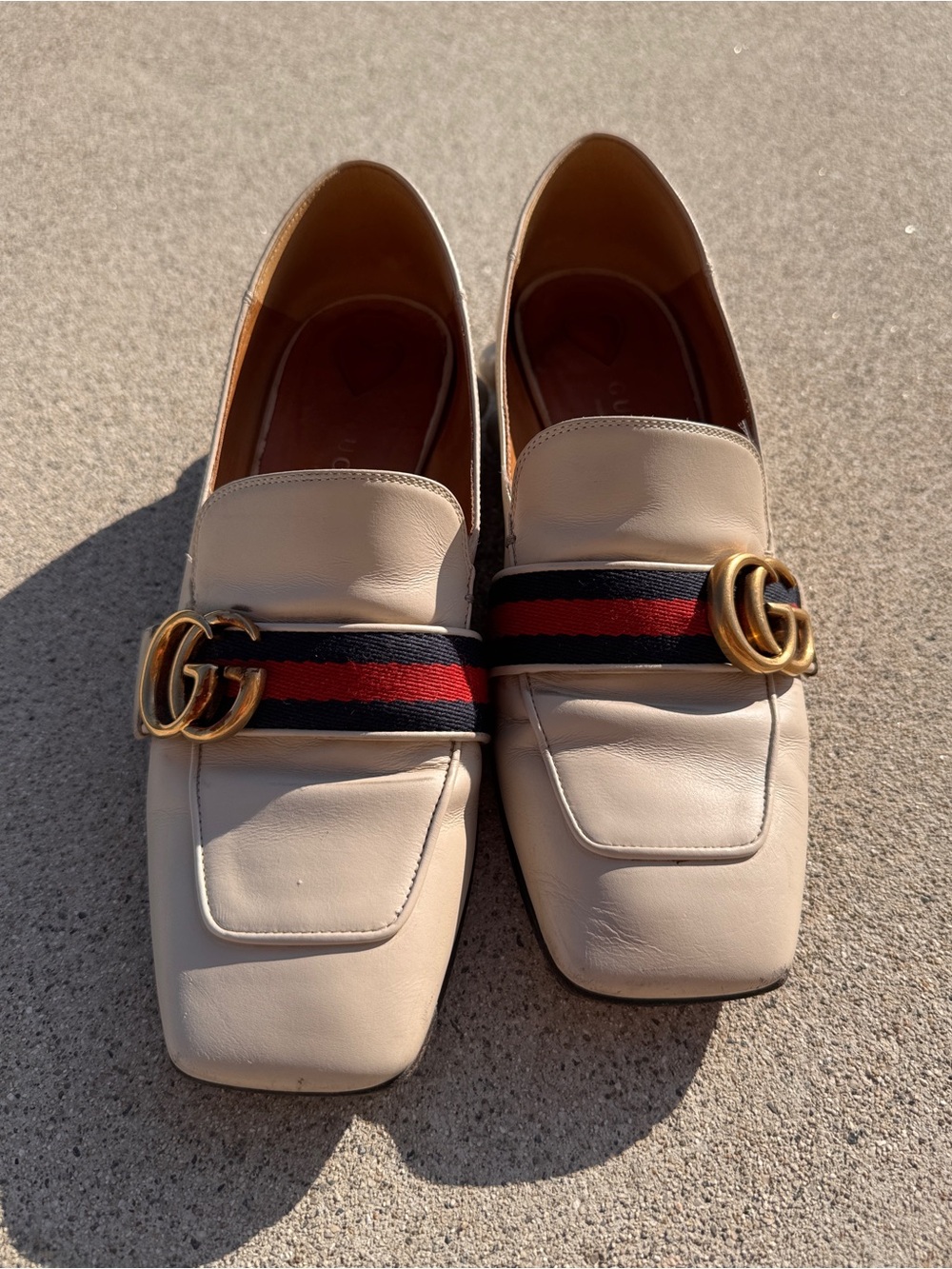 Gucci Peyton Pearl Loafers 35.5 Cream Leather GG Web – Used, No Box